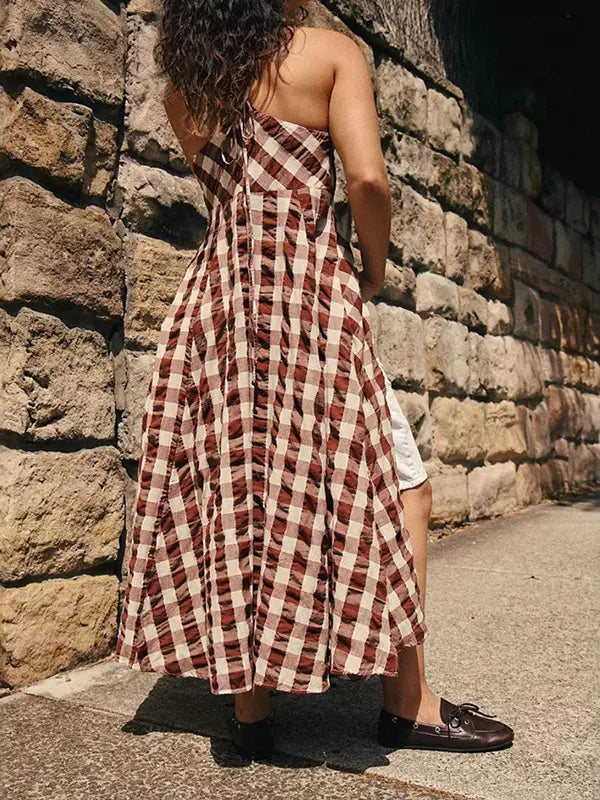 Boho Gingham Long Slip Via Midi Dress