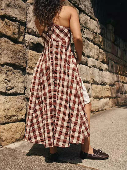 Boho Gingham Long Slip Via Midi Dress