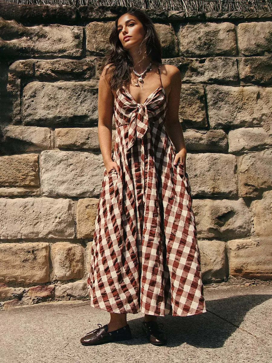 Boho Gingham Long Slip Via Midi Dress