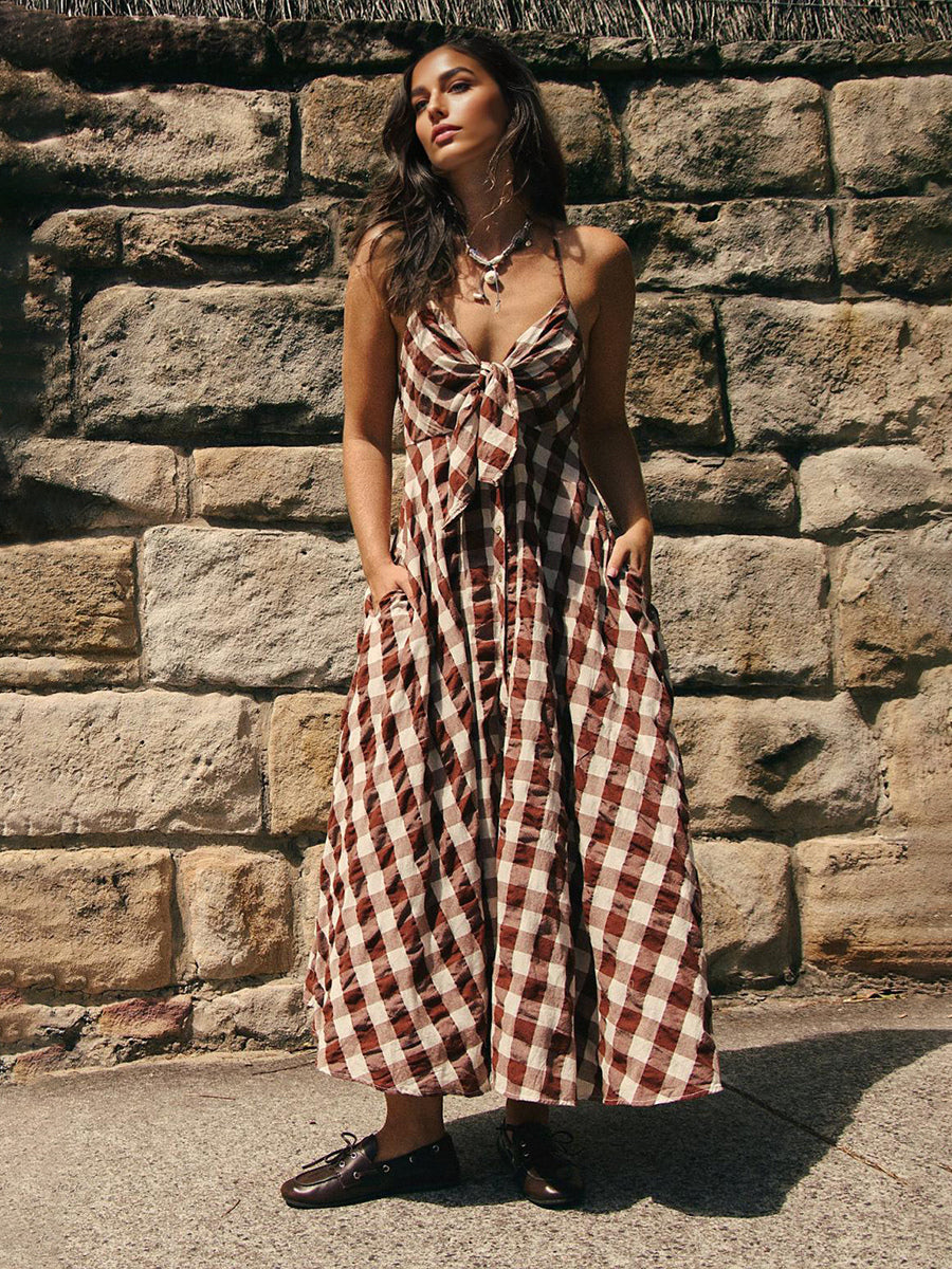 Boho Gingham Long Slip Via Midi Dress