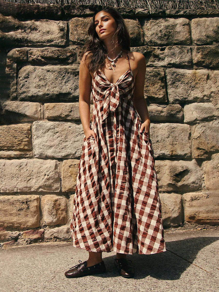 Boho Gingham Long Slip Via Midi Dress