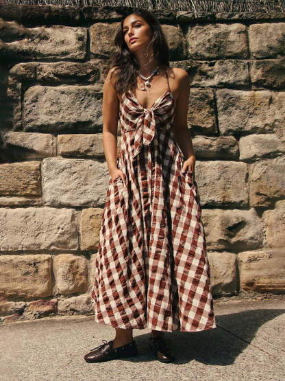Boho Gingham Long Slip Via Midi Dress