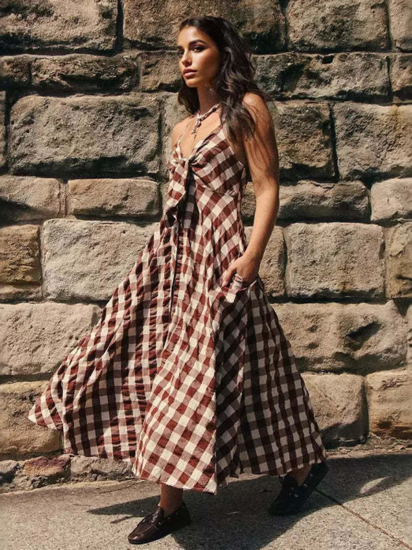 Boho Gingham Long Slip Via Midi Dress