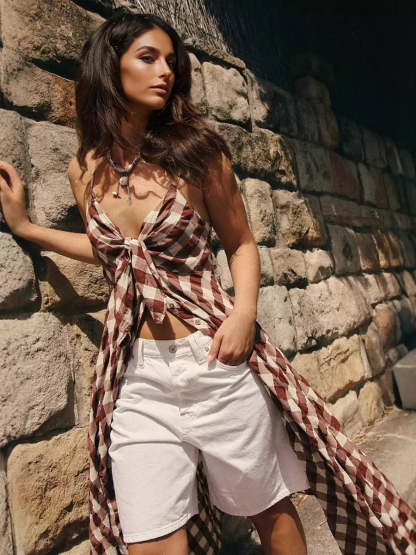 Boho Gingham Long Slip Via Midi Dress