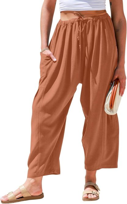 Womens Linen Wide Leg Pants Casual Loose Drawstring Low Waist Beach Palazzo Harem Pants with Pockets