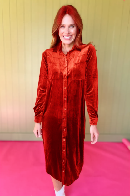 Olive Velvet Collared Button Down Midi Dress