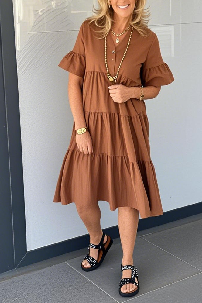 V-Neck BottonMaxi Dress With Pockets
