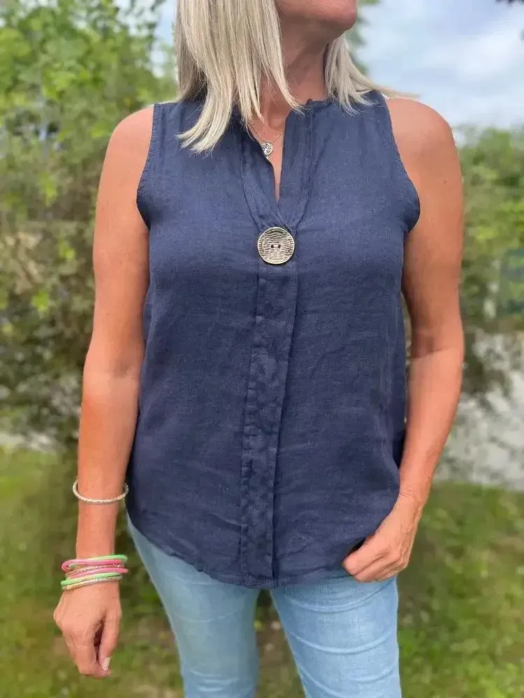 Women's Linen V-Neck Button Top
