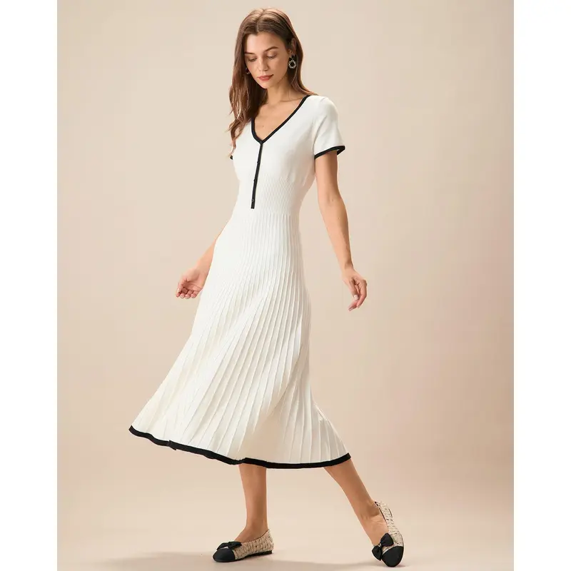 Women's White Contrasting Sweater Midi Dress