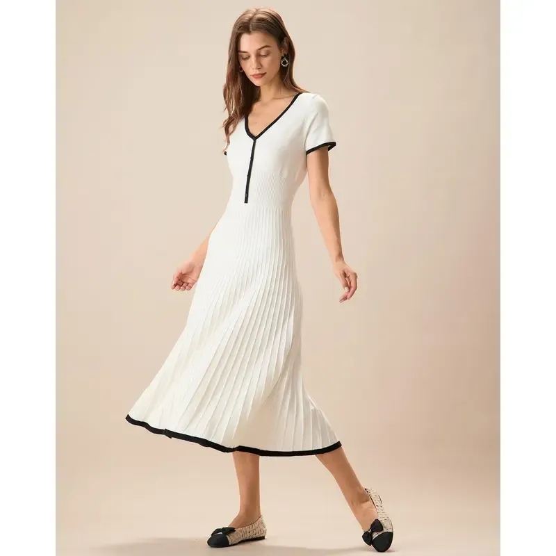 Women's White Contrasting Sweater Midi Dress