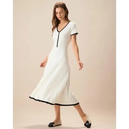 Women's White Contrasting Sweater Midi Dress