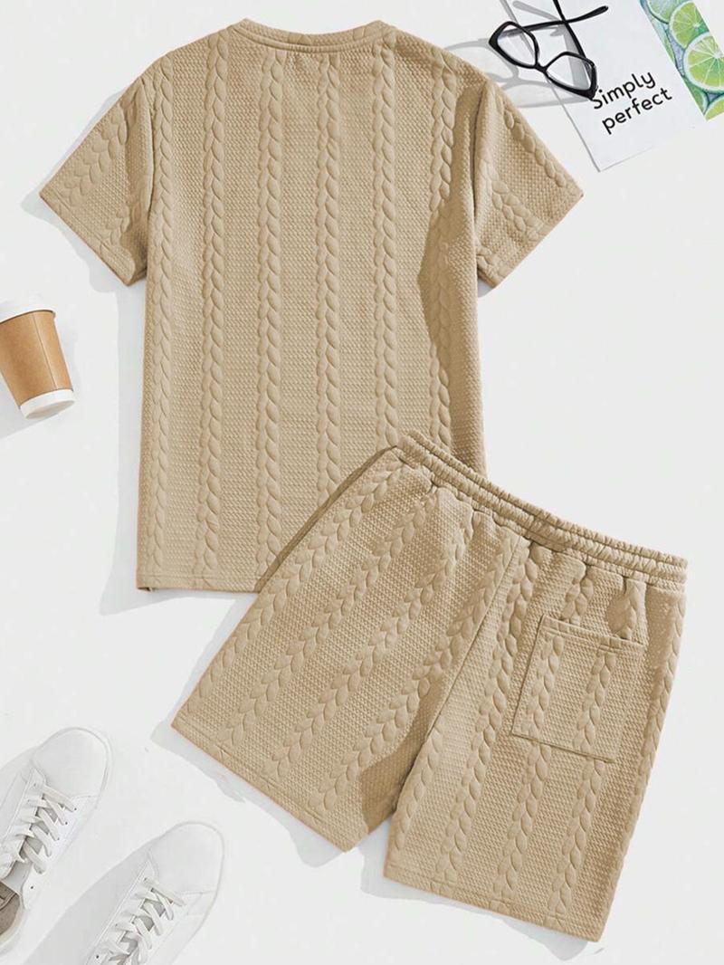 Men's Solid Textured Patched Tee & DrawstringWaist Shorts Set