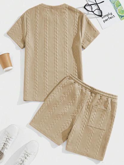 Men's Solid Textured Patched Tee & DrawstringWaist Shorts Set