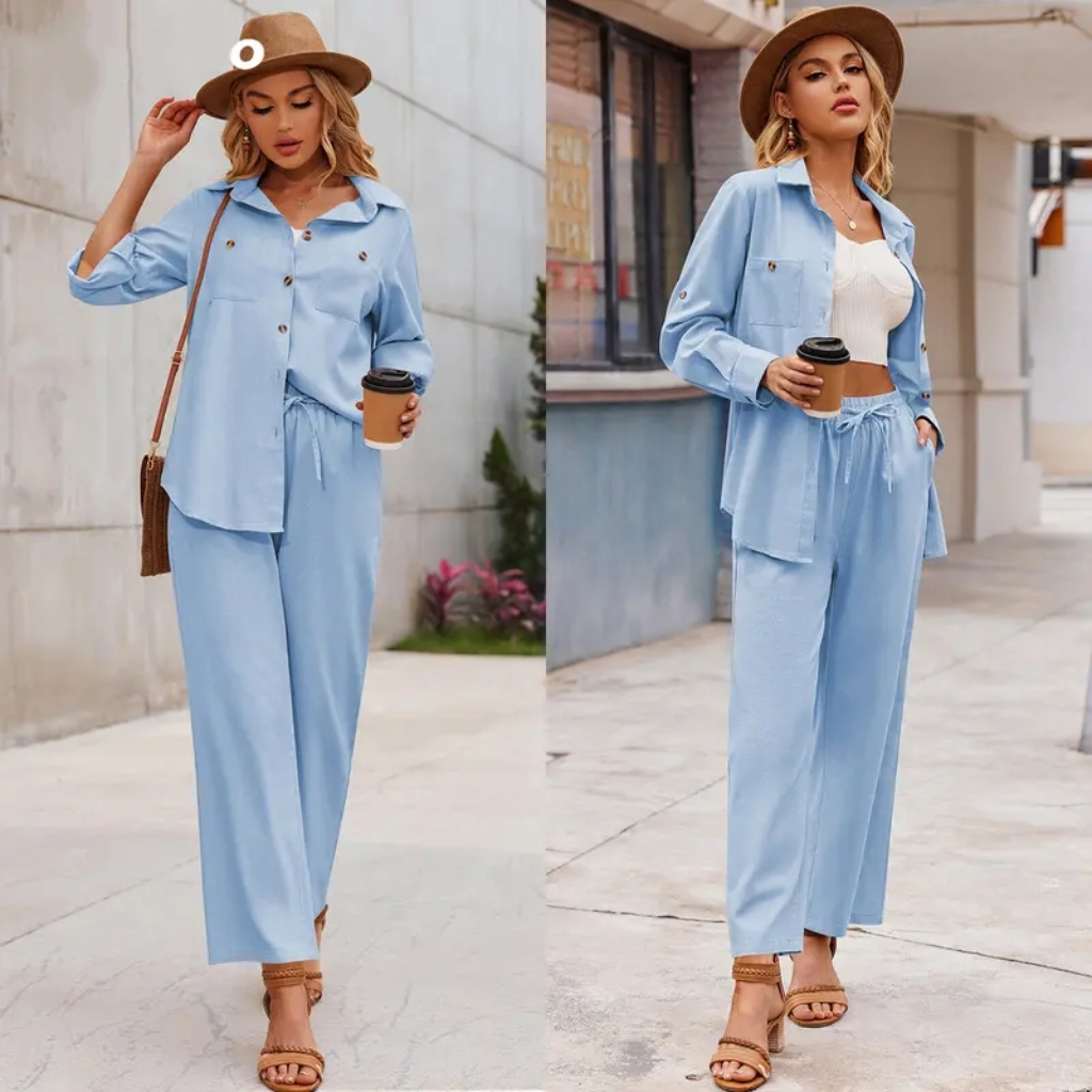 Women 2 Piece Linen Sets Button Down Shirt and Drawstring Long Pants Set Summer Outfits