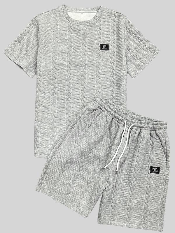 Men's Solid Textured Patched Tee & DrawstringWaist Shorts Set