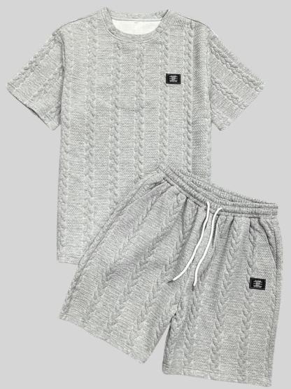 Men's Solid Textured Patched Tee & DrawstringWaist Shorts Set