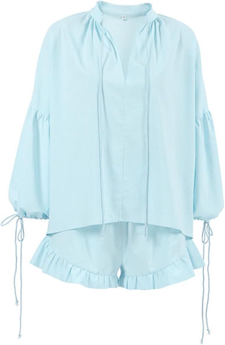 Linen Shorts Sets Women 2 Piece Outfits Long Sleeve Tie Front Tops and Ruffled Boxer Shorts Matching Lounge Sets