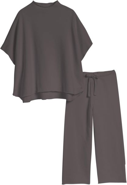 Women's Two Piece Outfits 3/4 Batwing Sleeve Capelet Crew Neck Pullover Top Wide Leg Pants Lounge Set