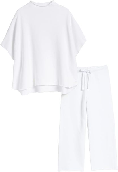 Women's Two Piece Outfits 3/4 Batwing Sleeve Capelet Crew Neck Pullover Top Wide Leg Pants Lounge Set