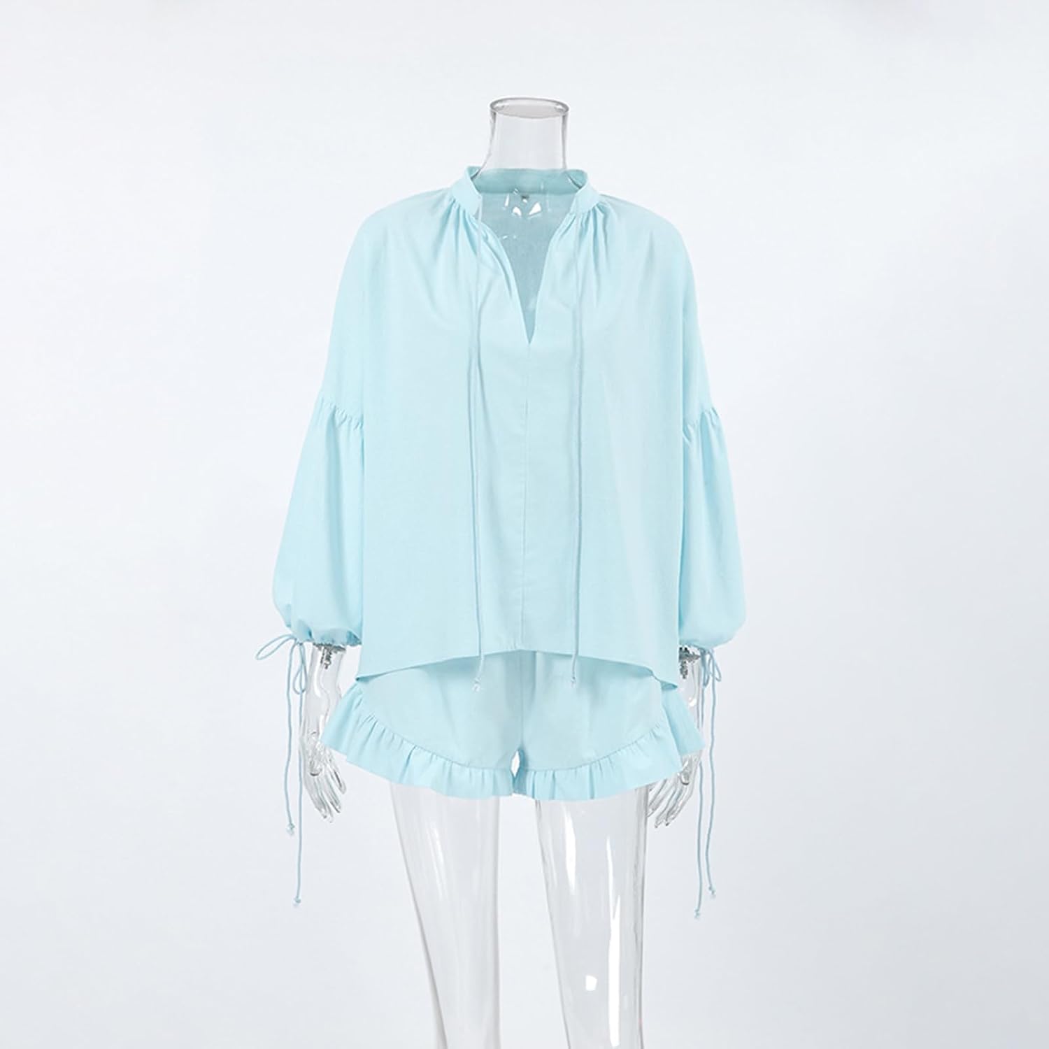 Linen Shorts Sets Women 2 Piece Outfits Long Sleeve Tie Front Tops and Ruffled Boxer Shorts Matching Lounge Sets