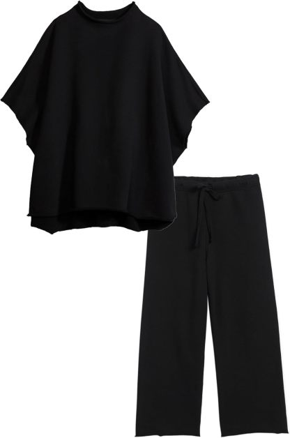 Women's Two Piece Outfits 3/4 Batwing Sleeve Capelet Crew Neck Pullover Top Wide Leg Pants Lounge Set