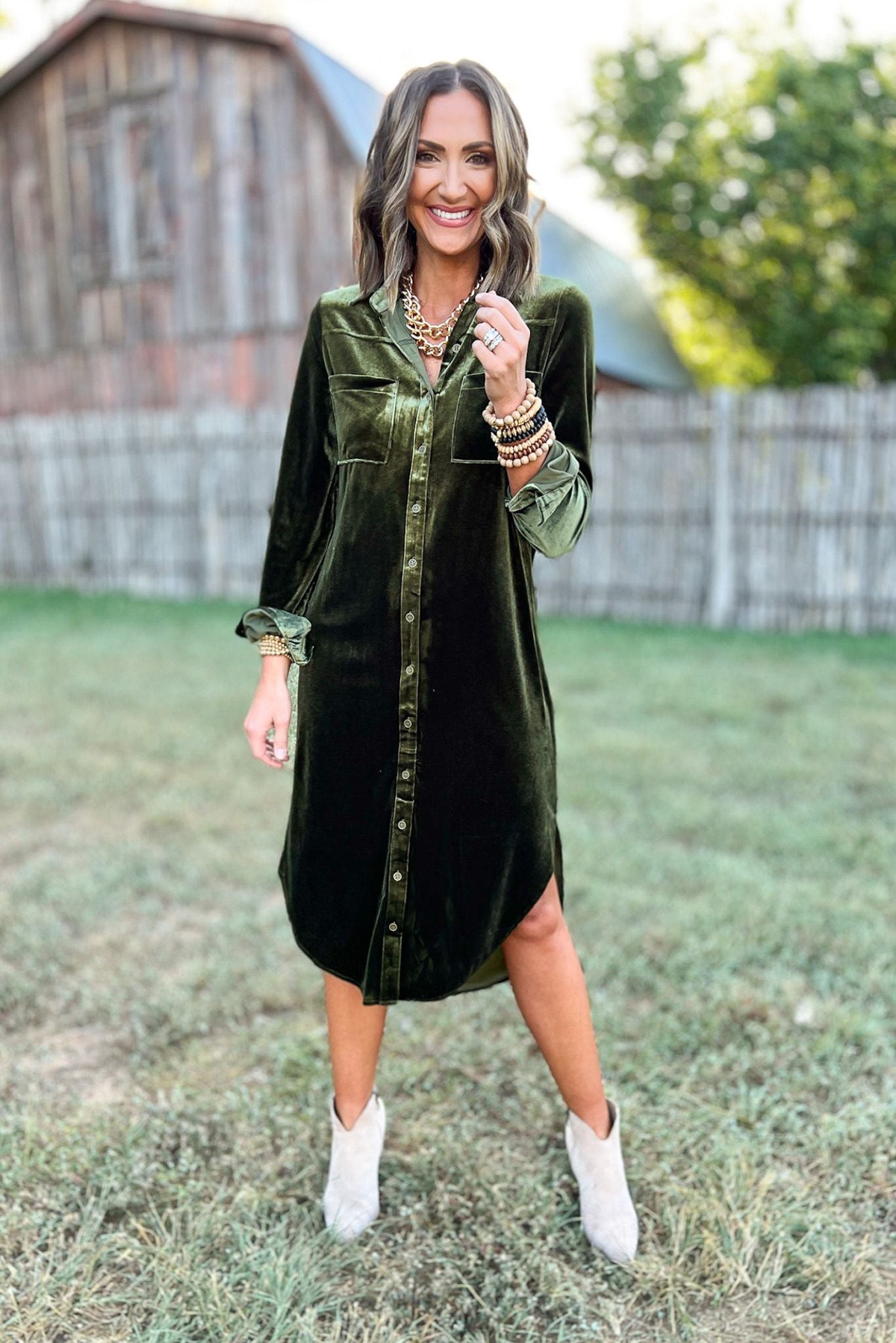 Olive Velvet Collared Button Down Midi Dress