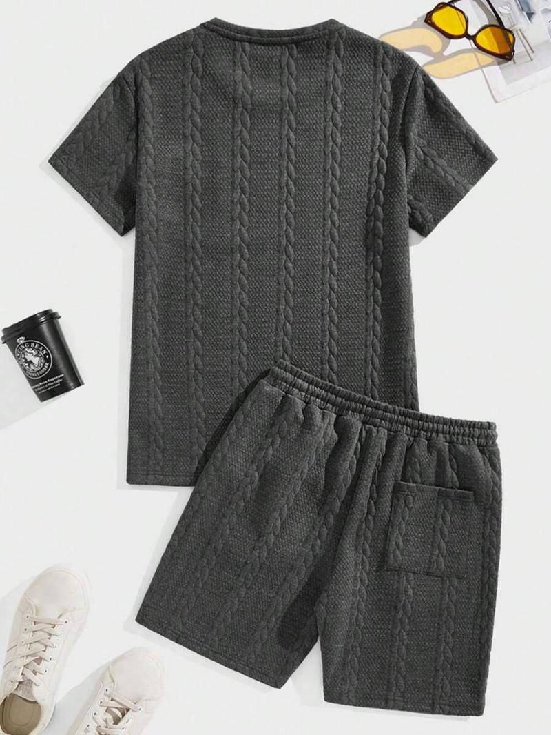 Men's Solid Textured Patched Tee & DrawstringWaist Shorts Set