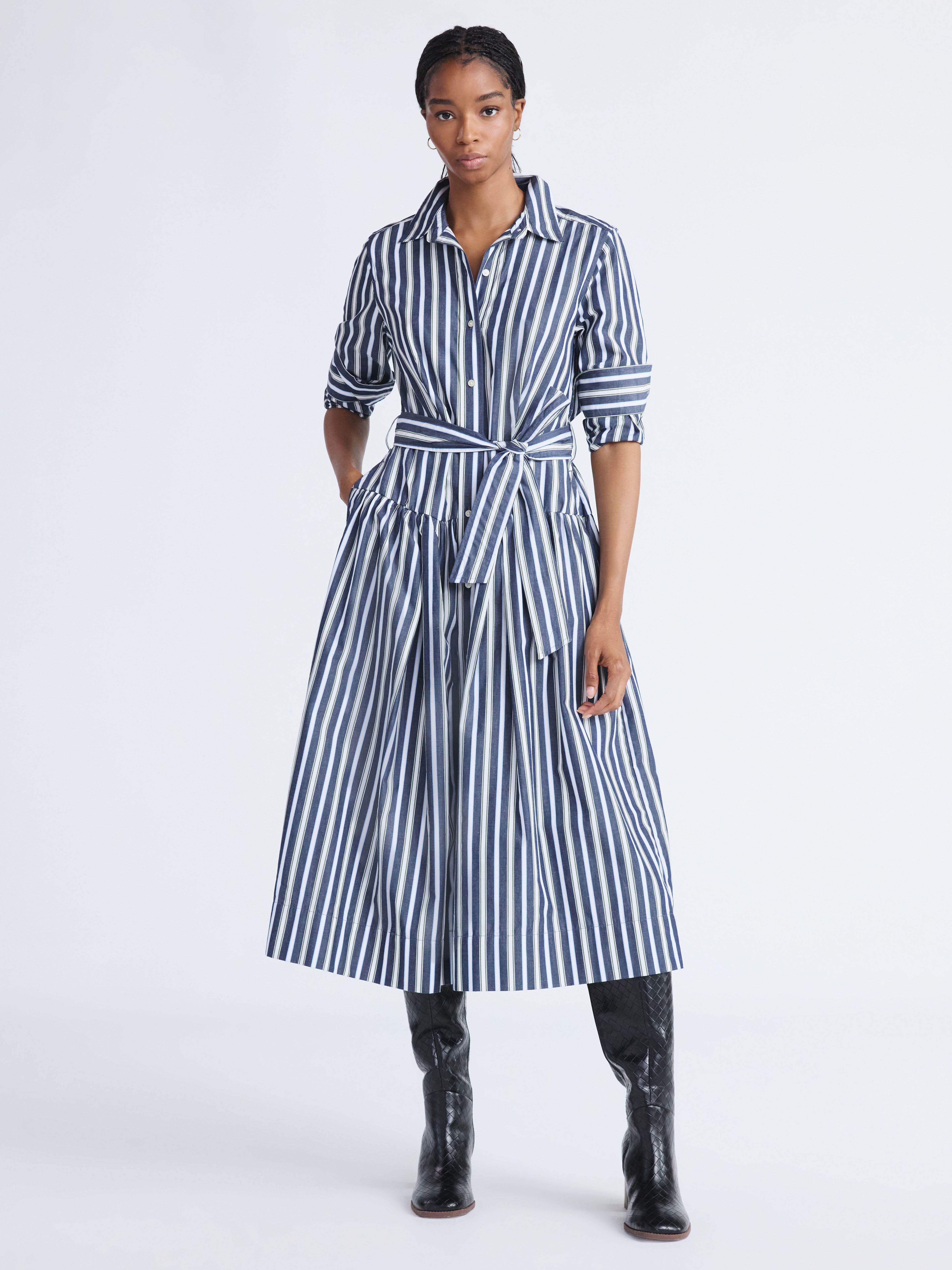 Long-Sleeve Belted Cotton Maxi 