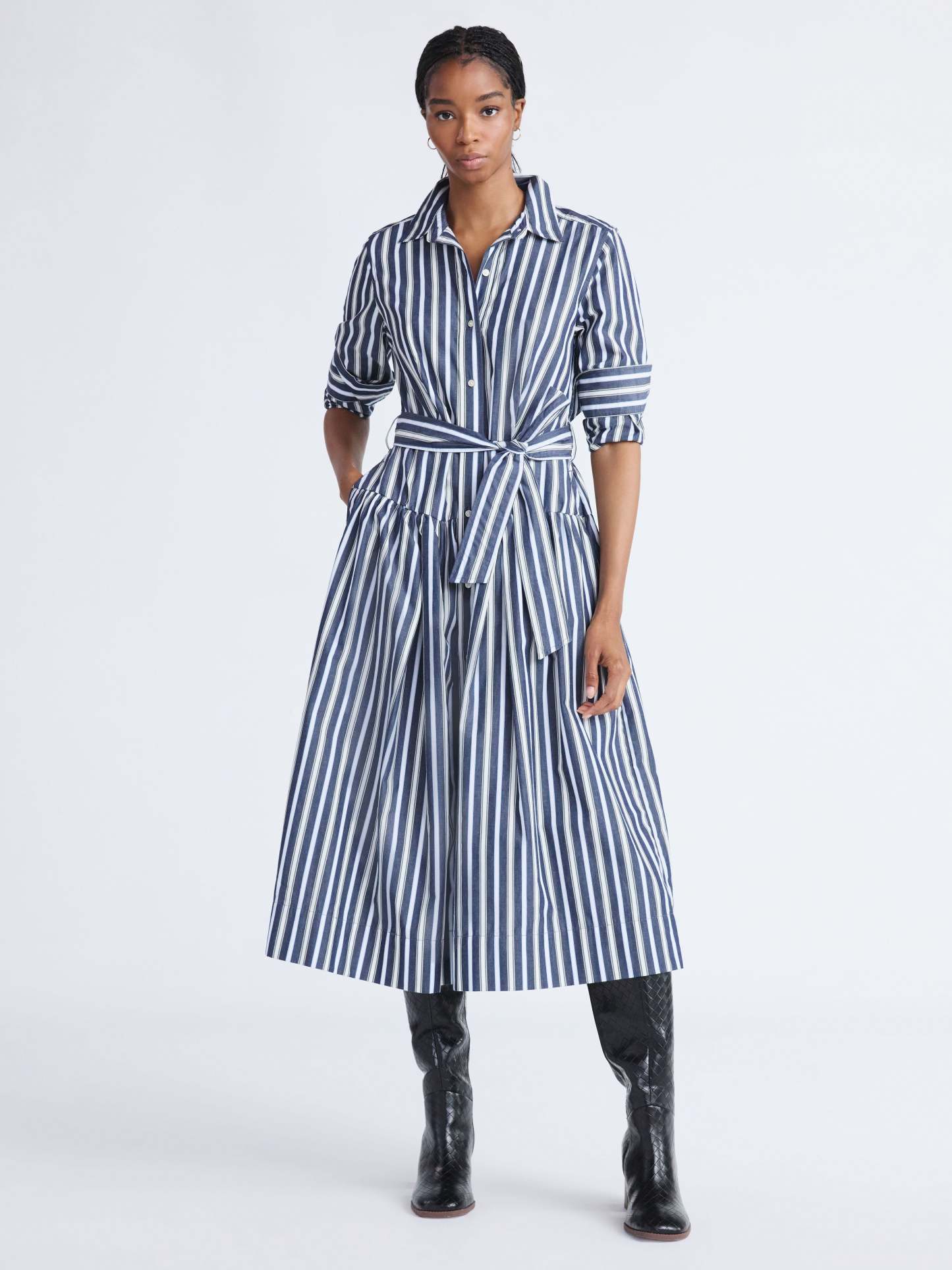 Long-Sleeve Belted Cotton Maxi