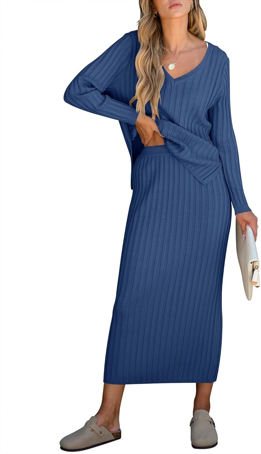 ??Christmas Clearance??Women's Long Sleeve V Neck Ribbed Knit Dress Set