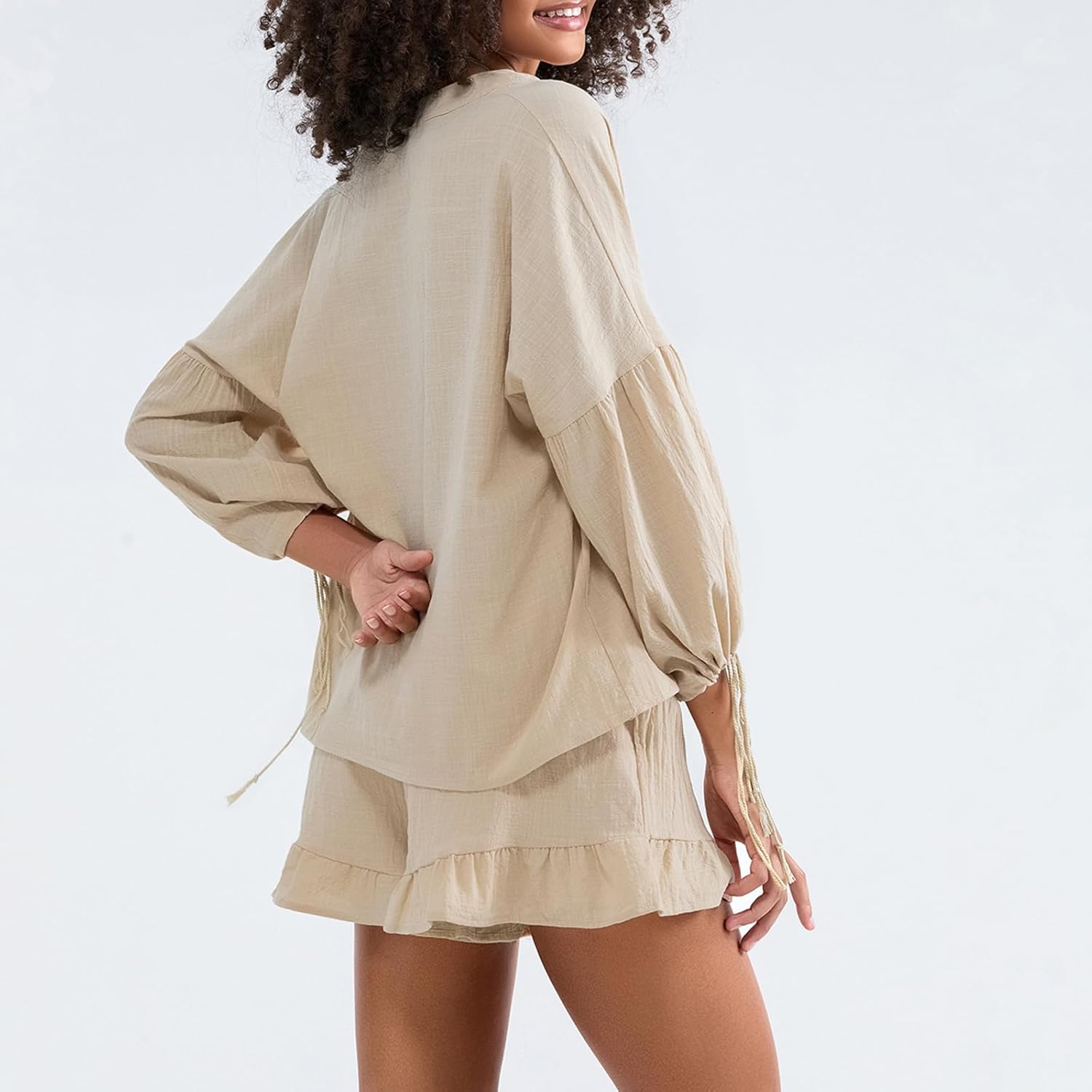 Linen Shorts Sets Women 2 Piece Outfits Long Sleeve Tie Front Tops and Ruffled Boxer Shorts Matching Lounge Sets