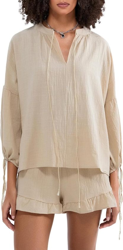 Linen Shorts Sets Women 2 Piece Outfits Long Sleeve Tie Front Tops and Ruffled Boxer Shorts Matching Lounge Sets
