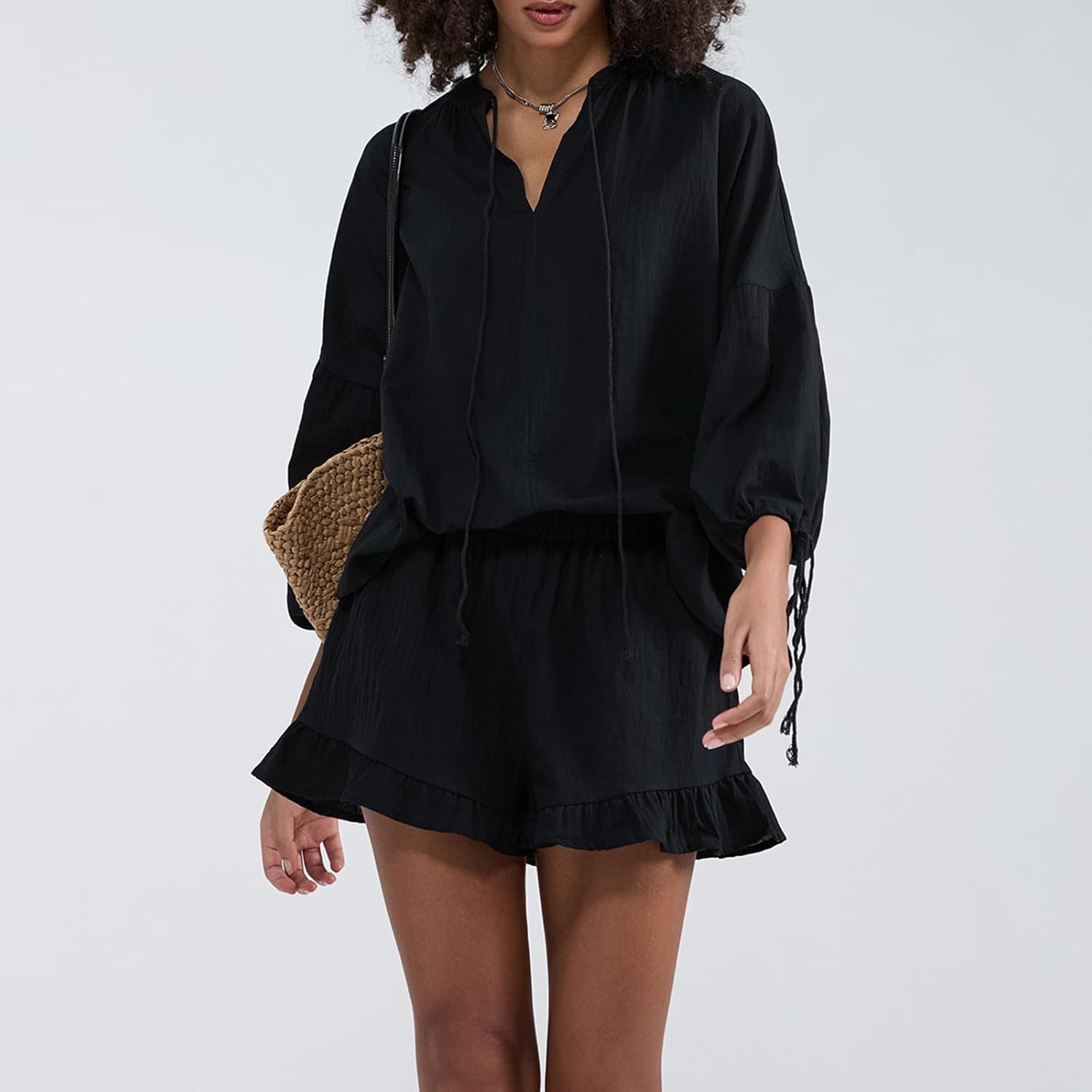 Linen Shorts Sets Women 2 Piece Outfits Long Sleeve Tie Front Tops and Ruffled Boxer Shorts Matching Lounge Sets