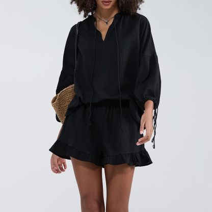 Linen Shorts Sets Women 2 Piece Outfits Long Sleeve Tie Front Tops and Ruffled Boxer Shorts Matching Lounge Sets