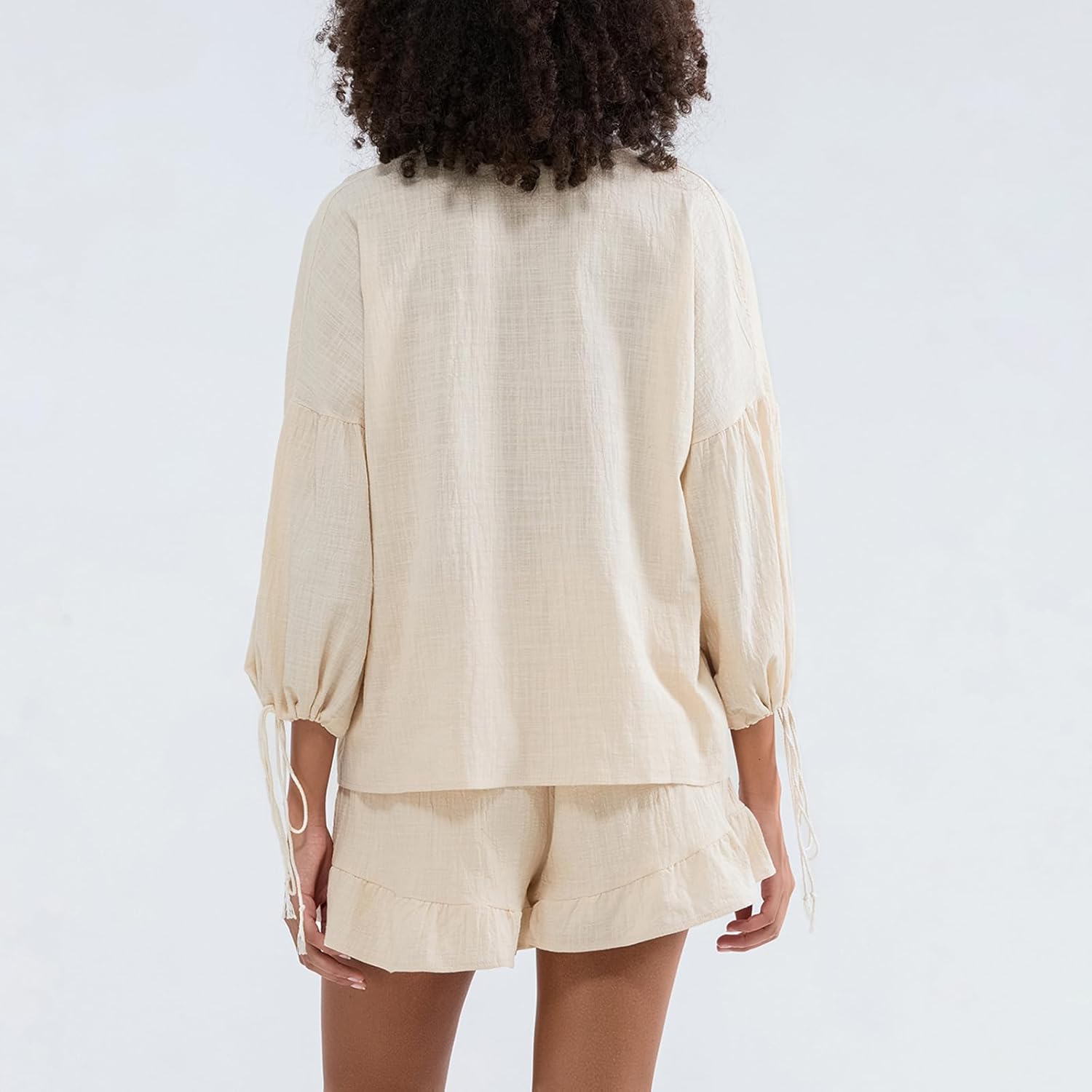 Linen Shorts Sets Women 2 Piece Outfits Long Sleeve Tie Front Tops and Ruffled Boxer Shorts Matching Lounge Sets