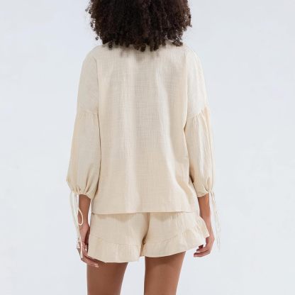 Linen Shorts Sets Women 2 Piece Outfits Long Sleeve Tie Front Tops and Ruffled Boxer Shorts Matching Lounge Sets