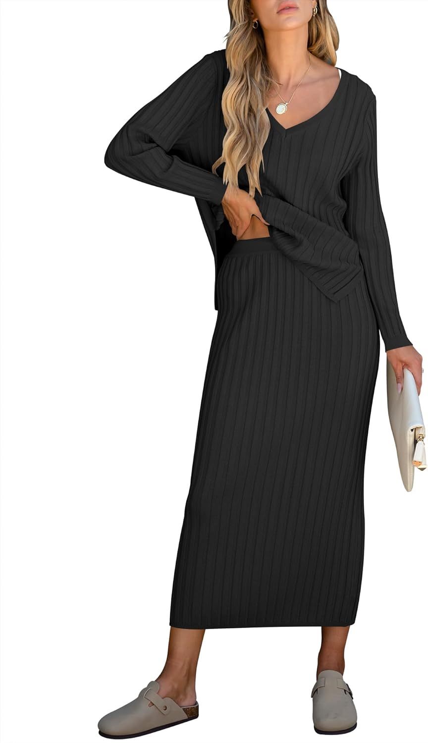 ??Christmas Clearance??Women's Long Sleeve V Neck Ribbed Knit Dress Set