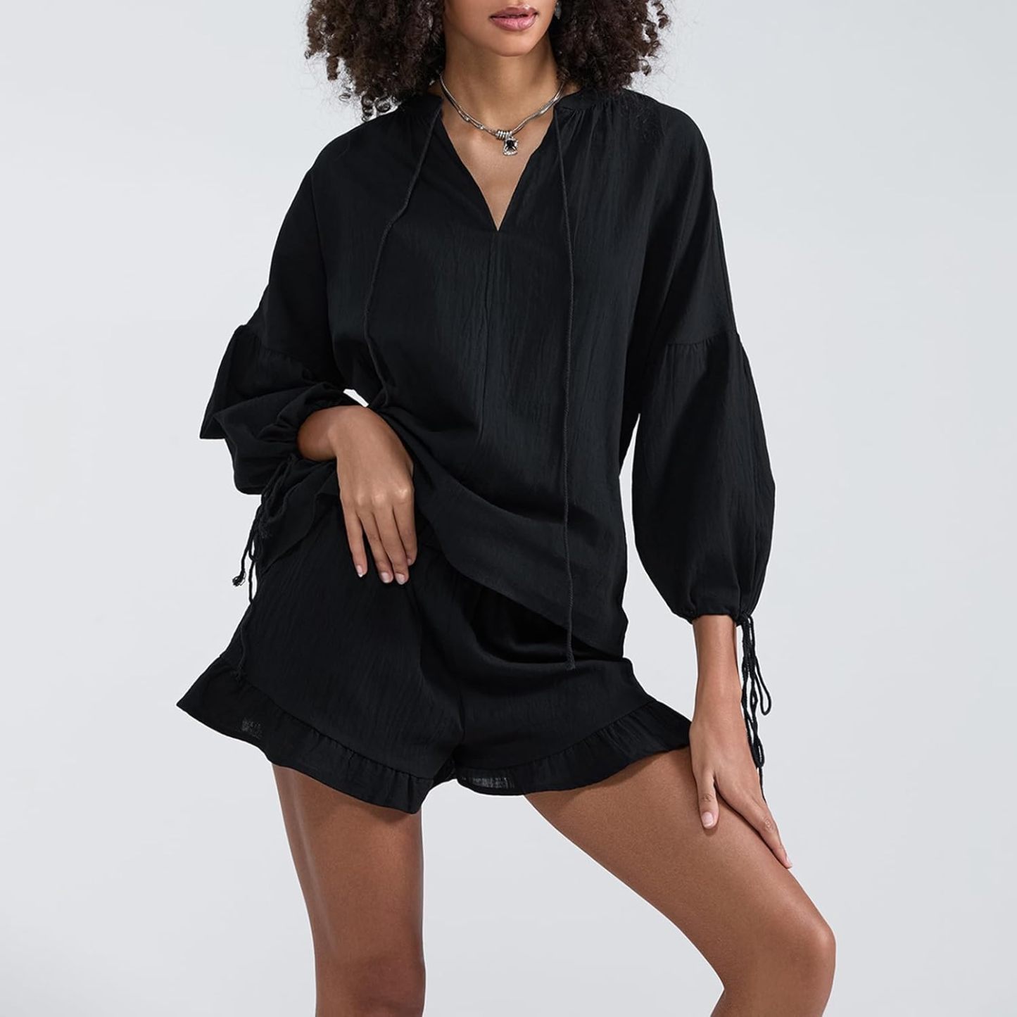 Linen Shorts Sets Women 2 Piece Outfits Long Sleeve Tie Front Tops and Ruffled Boxer Shorts Matching Lounge Sets