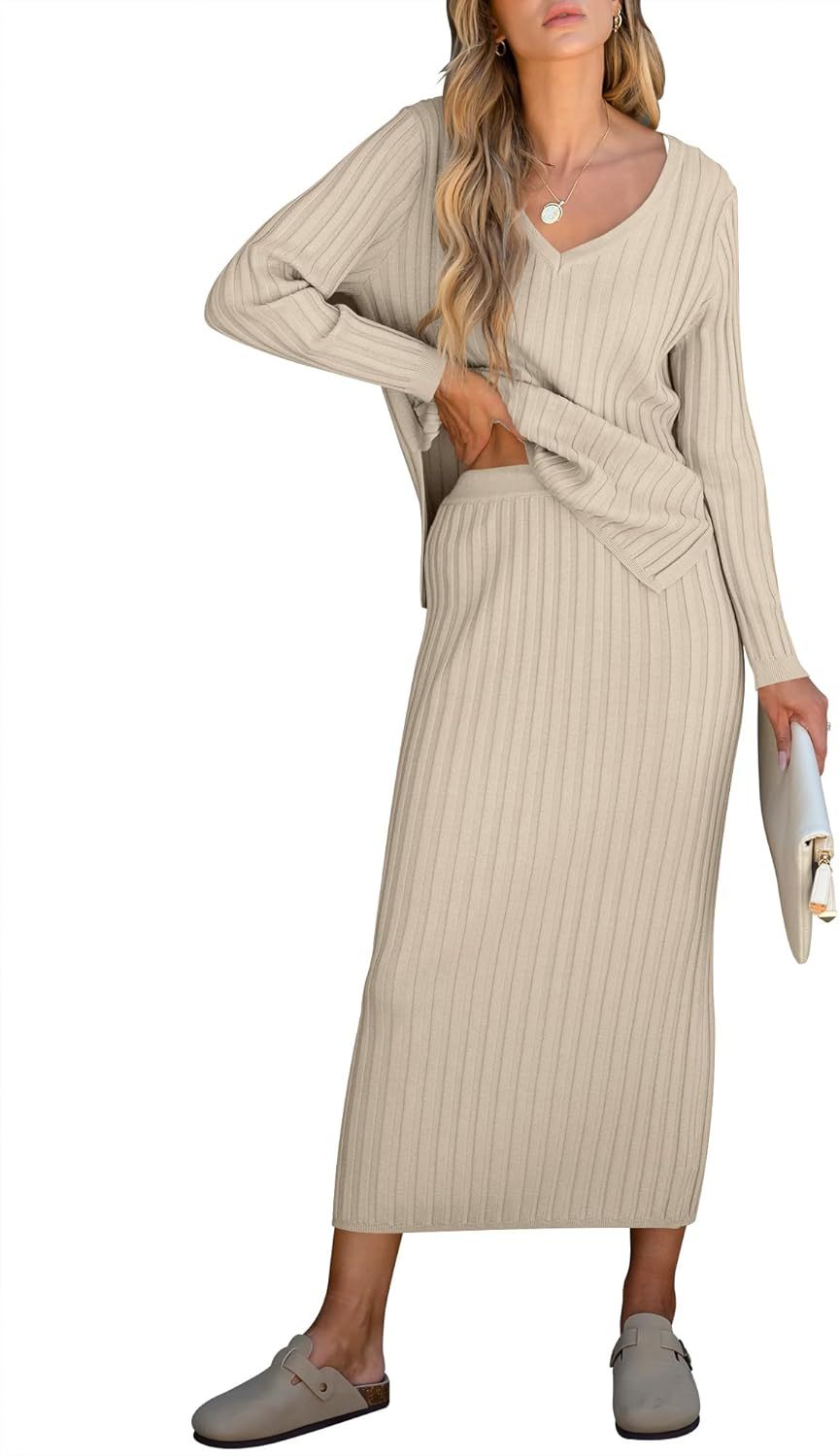 ??Christmas Clearance??Women's Long Sleeve V Neck Ribbed Knit Dress Set