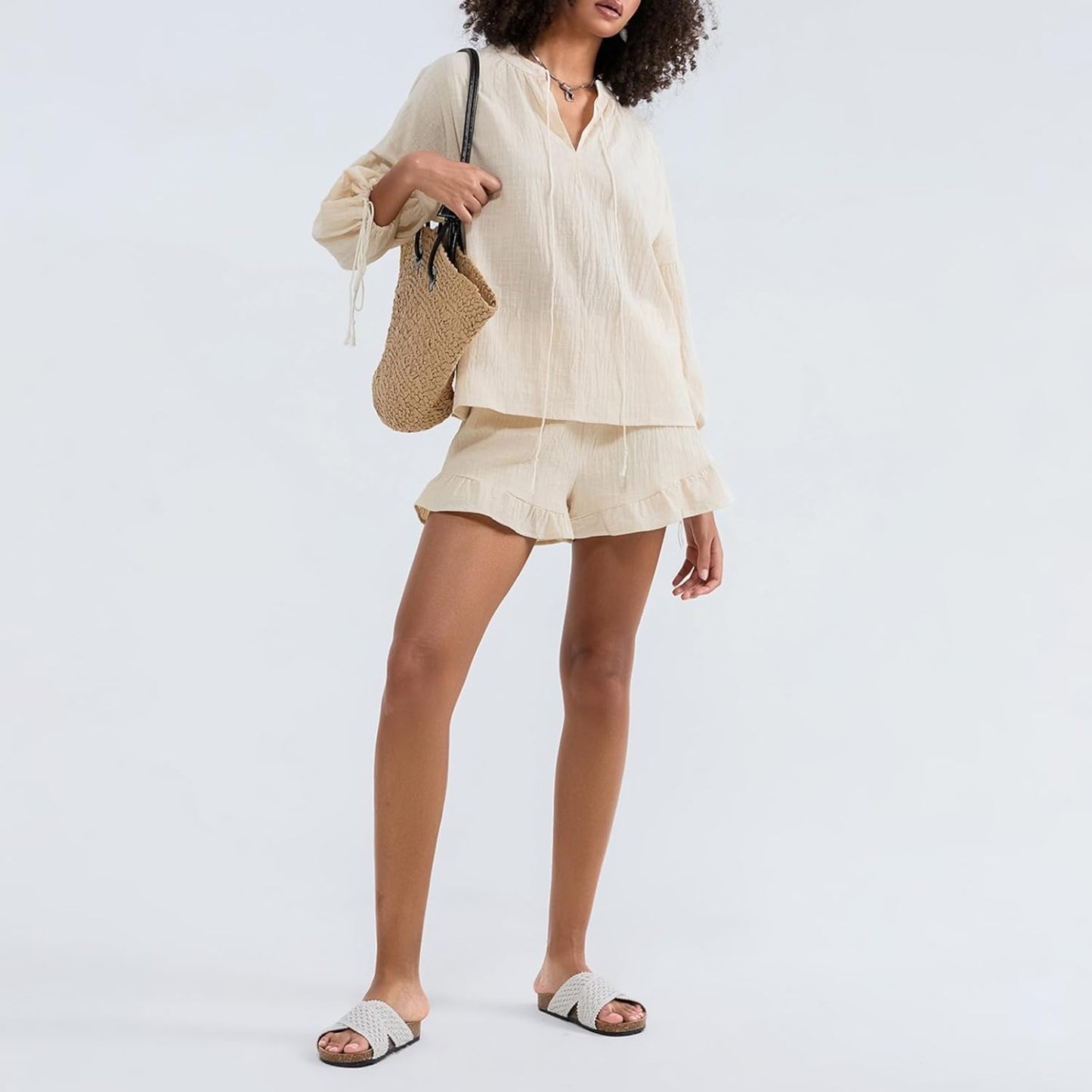 Linen Shorts Sets Women 2 Piece Outfits Long Sleeve Tie Front Tops and Ruffled Boxer Shorts Matching Lounge Sets