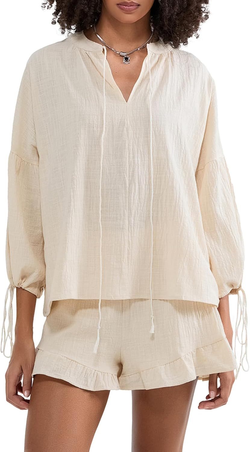 Linen Shorts Sets Women 2 Piece Outfits Long Sleeve Tie Front Tops and Ruffled Boxer Shorts Matching Lounge Sets