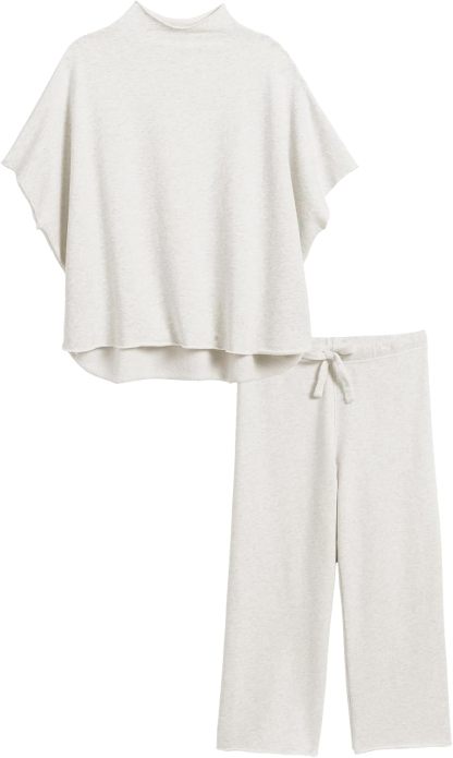 Women's Two Piece Outfits 3/4 Batwing Sleeve Capelet Crew Neck Pullover Top Wide Leg Pants Lounge Set