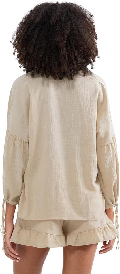 Linen Shorts Sets Women 2 Piece Outfits Long Sleeve Tie Front Tops and Ruffled Boxer Shorts Matching Lounge Sets