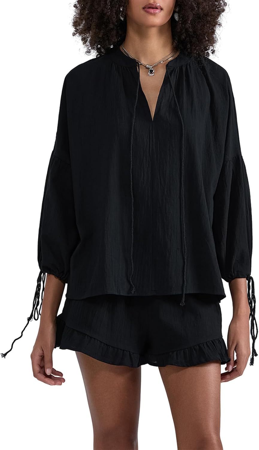 Linen Shorts Sets Women 2 Piece Outfits Long Sleeve Tie Front Tops and Ruffled Boxer Shorts Matching Lounge Sets