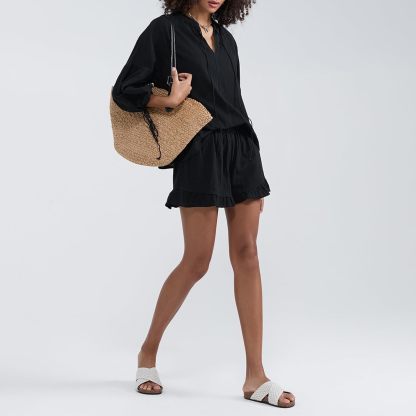 Linen Shorts Sets Women 2 Piece Outfits Long Sleeve Tie Front Tops and Ruffled Boxer Shorts Matching Lounge Sets