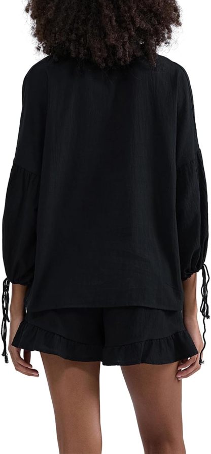 Linen Shorts Sets Women 2 Piece Outfits Long Sleeve Tie Front Tops and Ruffled Boxer Shorts Matching Lounge Sets