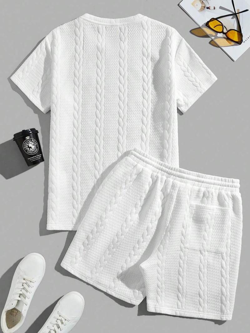 Men's Solid Textured Patched Tee & DrawstringWaist Shorts Set