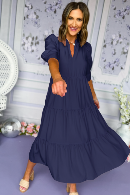 V-Nack Three Quarter Sleeve Tiered Midi Dress