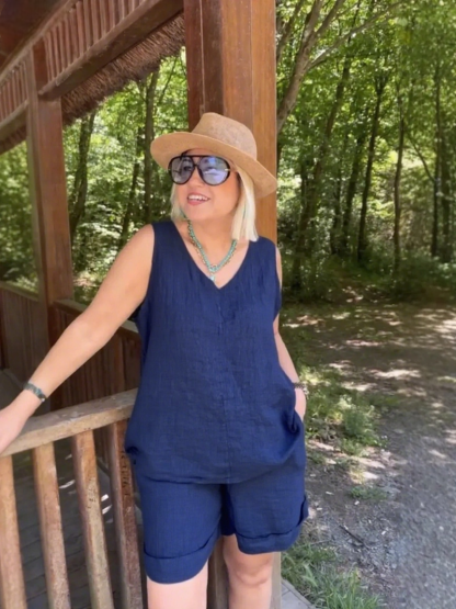 ??Women's Summer 2 Piece Linen Skirt Sets V-Neck Top-?????????????????? ?????????? ????% ??????