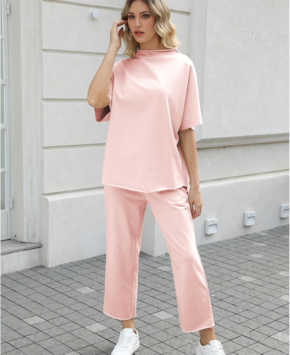 Women's Two Piece Outfits 3/4 Batwing Sleeve Capelet Crew Neck Pullover Top Wide Leg Pants Lounge Set